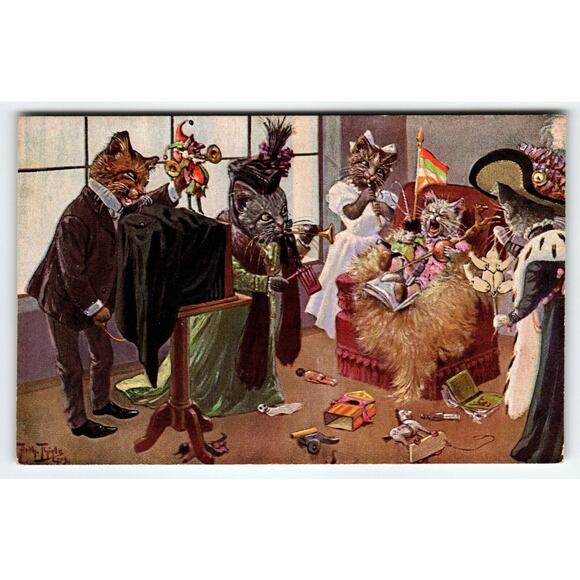 Dressed Cats Postcard Kittens Birthday Photographer Horn Fantasy Auth Thiele - Picture 1 of 2